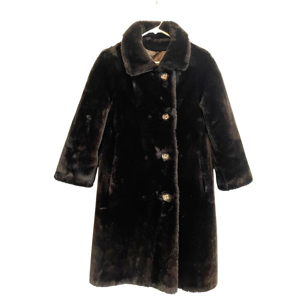 Borgana by Sportown vintage faux fur coat dark brown pockets buttons collar Med.